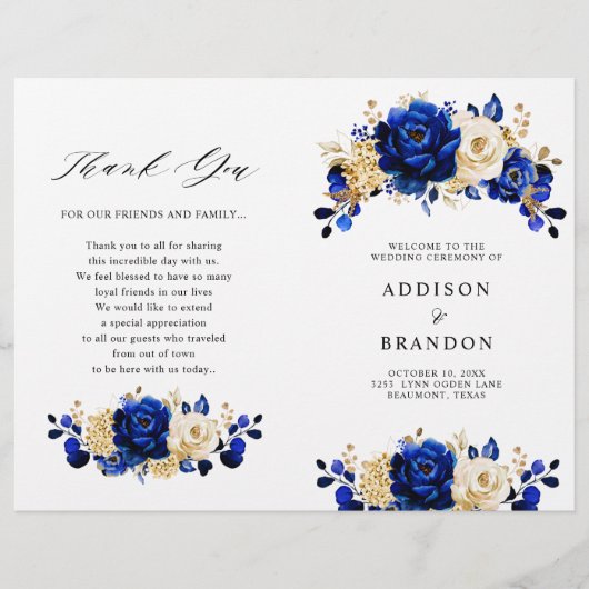 Royal Blue Yellow Gold Floral Wedding Program (Vorderseite)