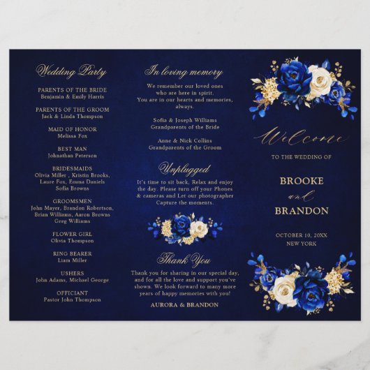 Royal Blue Yellow Gold Floral Wedding Program (Vorderseite)