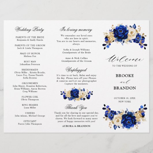 Royal Blue Yellow Gold Floral Wedding Program (Vorderseite)