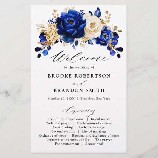 Royal Blue Yellow Gold Floral Wedding Program (Vorderseite)