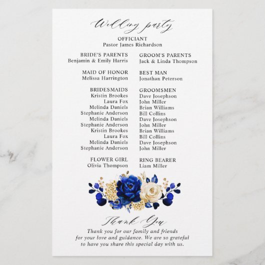 Royal Blue Yellow Gold Floral Wedding Program (Rückseite)
