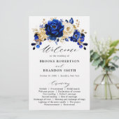 Royal Blue Yellow Gold Floral Wedding Program (Stehend Vorderseite)
