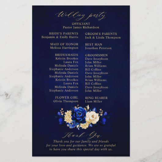 Royal Blue Yellow Gold Floral Wedding Program (Rückseite)
