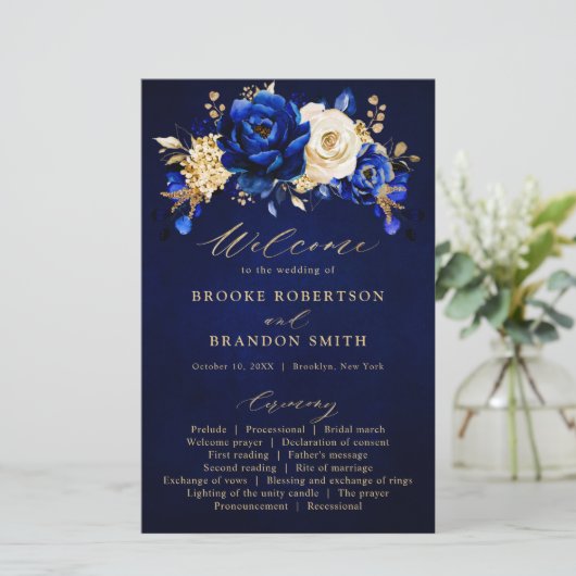 Royal Blue Yellow Gold Floral Wedding Program (Stehend Vorderseite)