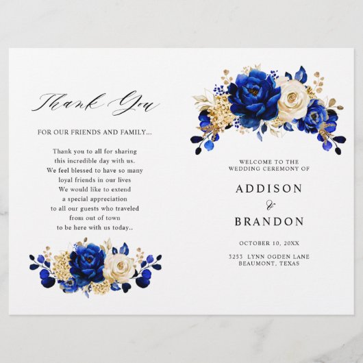 Royal Blue Yellow Gold Floral Wedding Program (Vorderseite)