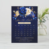 Royal Blue Yellow Gold Metallic Floral calendar Sa Save The Date (Stehend Vorderseite)