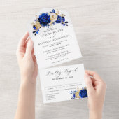 Royal Blue Yellow Gold Metallic Floral Wedding All In One Einladung (Abreißen)