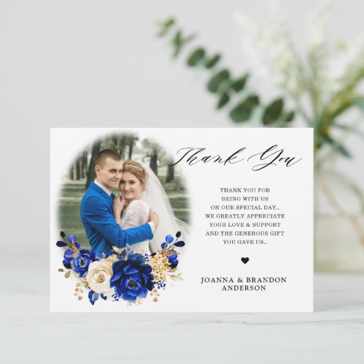 Royal Blue Yellow Gold Metallic Floral Wedding Dankeskarte (Stehend Vorderseite)
