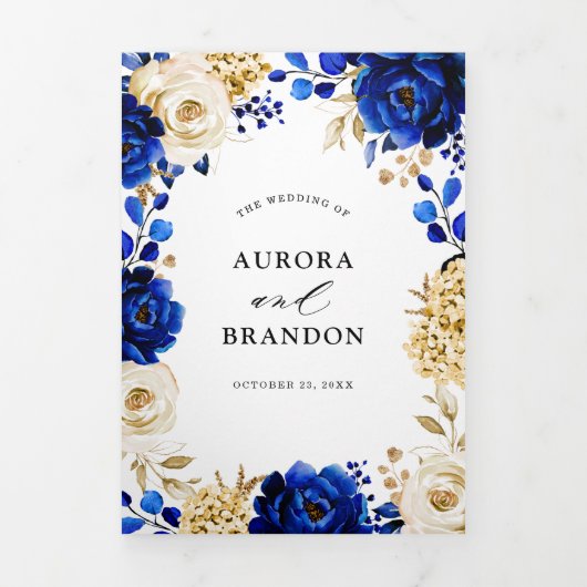 Royal Blue Yellow Gold Metallic Floral Wedding Dreifach Gefaltete Ankündigung (Cover)