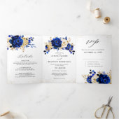Royal Blue Yellow Gold Metallic Floral Wedding Dreifach Gefaltete Ankündigung (Innenseite)