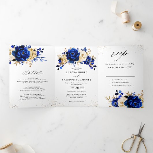 Royal Blue Yellow Gold Metallic Floral Wedding Dreifach Gefaltete Ankündigung (Innenseite)