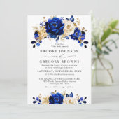 Royal Blue Yellow Gold Metallic Floral Wedding Einladung (Stehend Vorderseite)