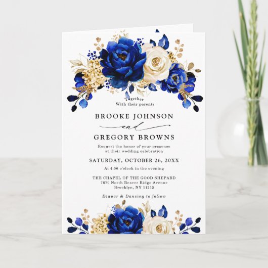 Royal Blue Yellow Gold Metallic Floral Wedding Einladung (Vorderseite)