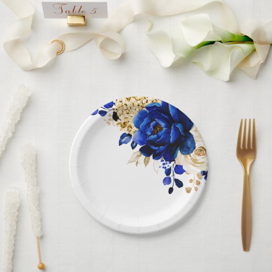 Royal Blue Yellow Gold Metallic Floral Wedding Pappteller (Hochzeit)