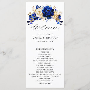 Royal Blue Yellow Gold Metallic Floral Wedding Programm