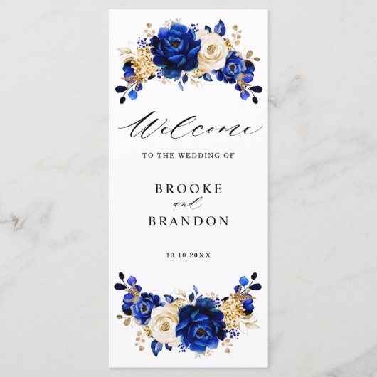 Royal Blue Yellow Gold Metallic Floral Wedding Programm (Vorderseite)