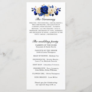 Royal Blue Yellow Gold Metallic Floral Wedding Programm