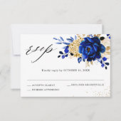 Royal Blue Yellow Gold Metallic Floral Wedding RSVP Karte (Vorderseite)