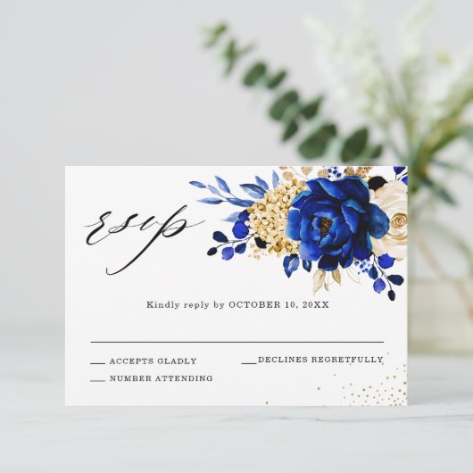 Royal Blue Yellow Gold Metallic Floral Wedding RSVP Karte (Stehend Vorderseite)