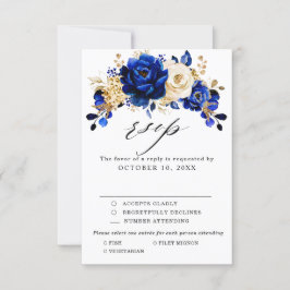 Royal Blue Yellow Gold Metallic Floral Wedding RSVP Karte
