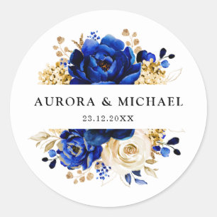 Royal Blue Yellow Gold Metallic Floral Wedding Runder Aufkleber