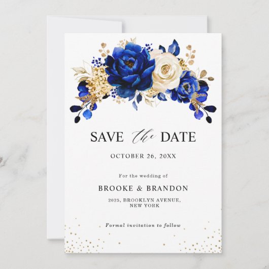 Royal Blue Yellow Gold Metallic Floral Wedding Save The Date (Vorderseite)