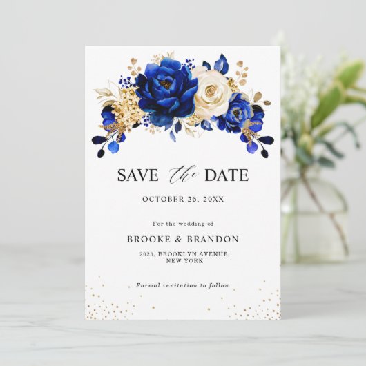Royal Blue Yellow Gold Metallic Floral Wedding Save The Date (Stehend Vorderseite)