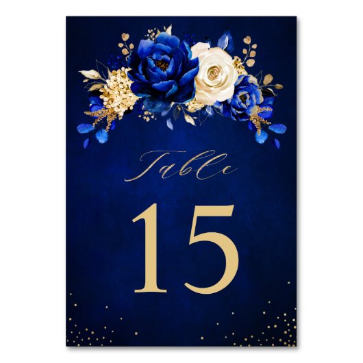 Royal Blue Yellow Gold Metallic Floral Wedding Tischnummer (Vorderseite)