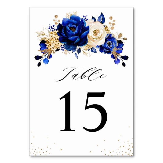 Royal Blue Yellow Gold Metallic Floral Wedding Tischnummer (Vorderseite)