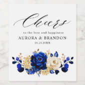 Royal Blue Yellow Gold Metallic Floral Wedding Weinetikett (Einzelnes Label)