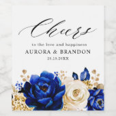 Royal Blue Yellow Gold Metallic Floral Wedding Weinetikett (Einzelnes Label)