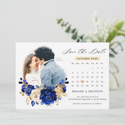Royal Blue Yellow Gold Metallic Save The Date (Stehend Vorderseite)