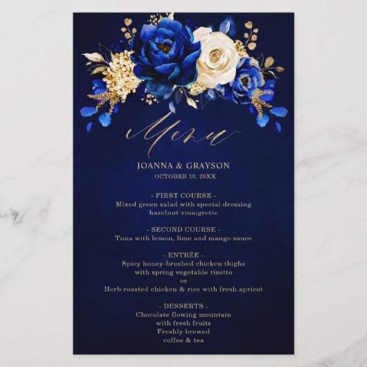 Royal Blue Yellow Gold Metallic Wedding Menu (Vorderseite)