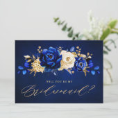 Royal Blue Yellow Gold Werden Sie meine Bridesmaid Einladung (Stehend Vorderseite)