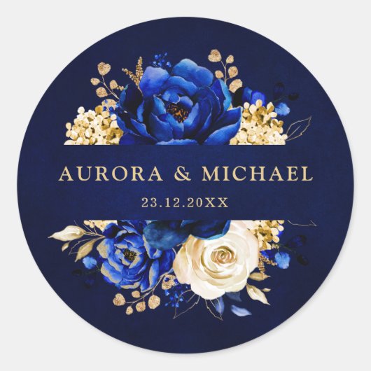Royal Blue Yellow Metallic Floral Wedding Cla Runder Aufkleber (Vorderseite)