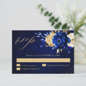 Royal Blue Yellow Metallic Floral Wedding RSV RSVP Karte (Stehend Vorderseite)
