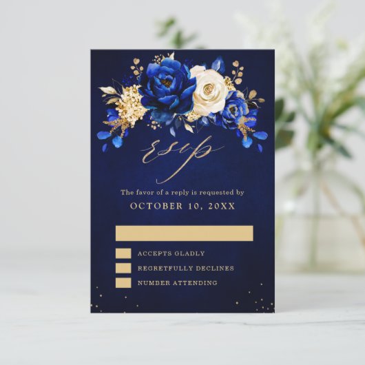 Royal Blue Yellow Metallic Floral Wedding RSV RSVP Karte (Stehend Vorderseite)