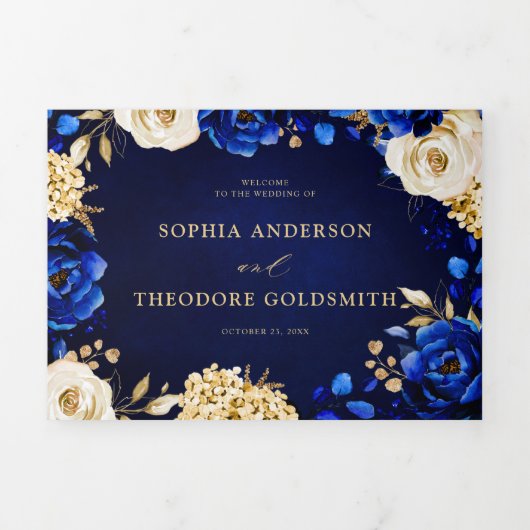 Royal Blue Yellow Metallic Floral Wedding Tri Dreifach Gefaltete Ankündigung (Cover)