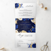 Royal Blue Yellow Metallic Floral Wedding Tri Dreifach Gefaltete Ankündigung (Innenseite)