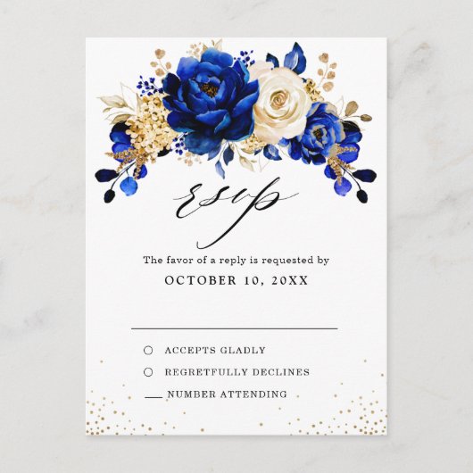 Royal Blue Yellow Metallic Wedding RSVP Postkarte (Vorderseite)