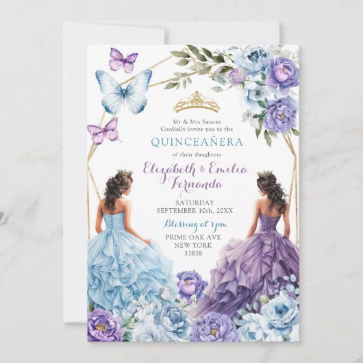 Royal Blush Blue Lila Geometric Quinceñera Einladung (Vorderseite)