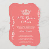 Royal Blush Leaf Crown Elegante Rosa Quinceañera Einladung (Vorne/Hinten)