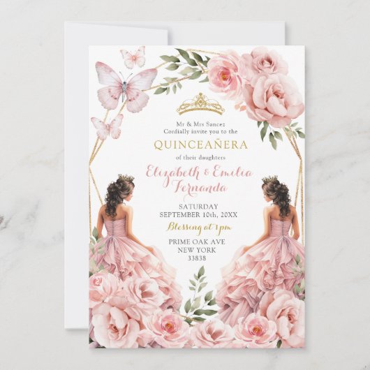 Royal Blush Pink Twins Geometric Quinceañera Einladung (Vorderseite)