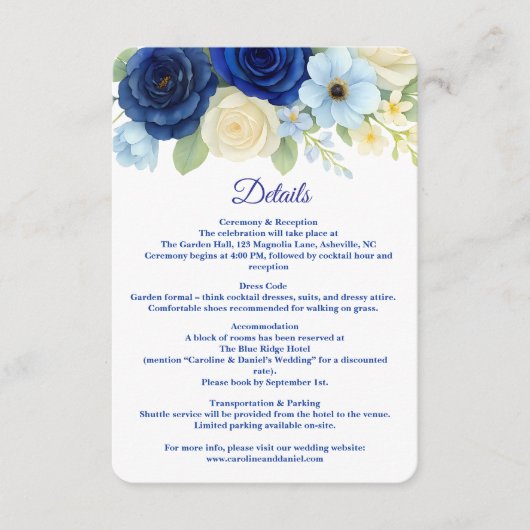 Royal Bue Wedding Watercolor Elfenbeinküste Blume Begleitkarte (Vorderseite)