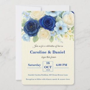 Royal Bue Wedding Watercolor Elfenbeinküste Blume Einladung