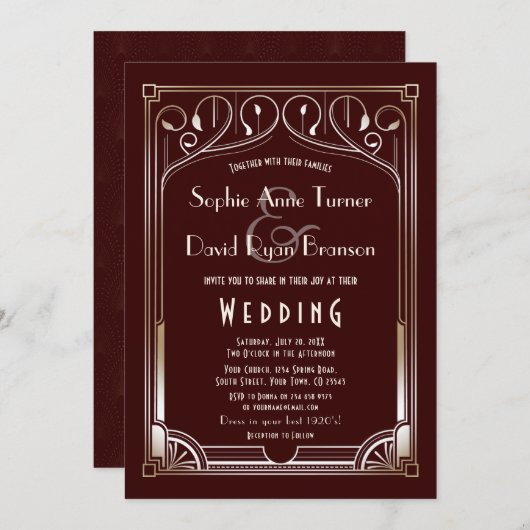 Royal Burgund Great Gatsby Gold Art Deco Wedding Einladung (Vorne/Hinten)