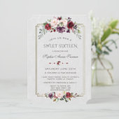 Royal Burgundy Blume Gold Frame 16 . Geburtstag Einladung (Stehend Vorderseite)
