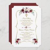 Royal Burgundy Blush Blume Erste Heilige Kommune Einladung (Vorne/Hinten)