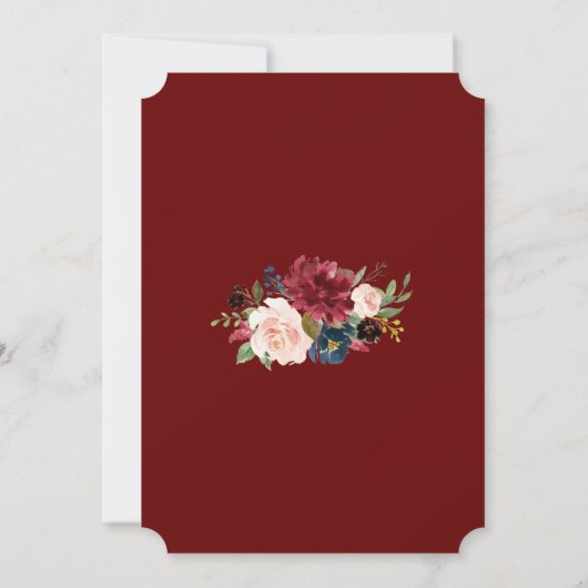 Royal Burgundy Blush Blume Gold Cross Taufe Einladung (Rückseite)