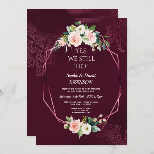 Royal Burgundy Blush Blume Vow Renewal Einladung (Vorne/Hinten)